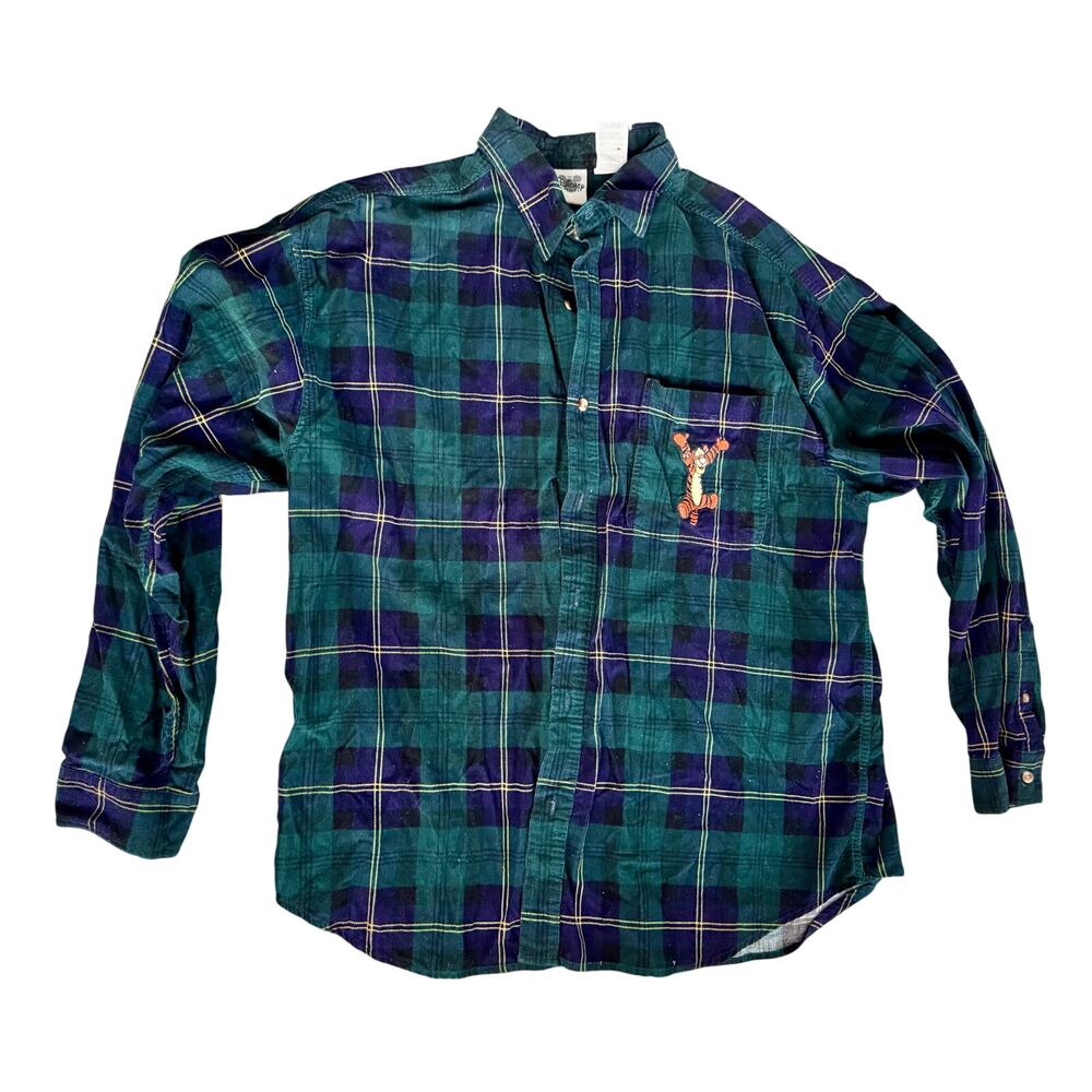 Disney Tigger Blue Green Plaid Corduroy Men XL Button Down Long Sleeve Shirt
